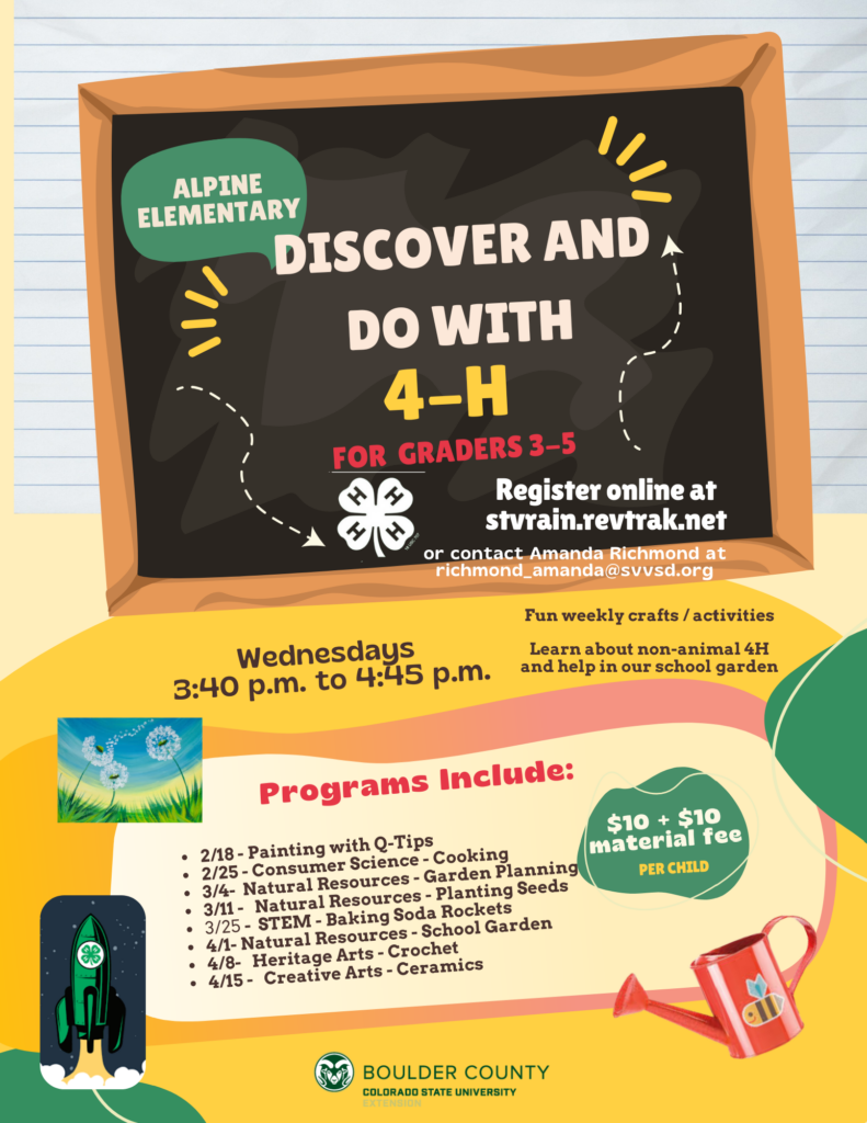 Event flyer for Alpine Elementary's 4-H program for grades 3-5, detailing activities and registration info.