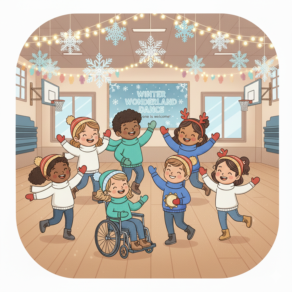A group of diverse children joyfully dancing in a decorated gym for a winter dance event.
