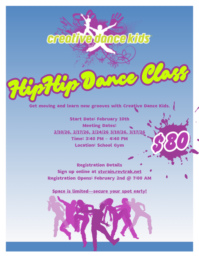 Hip Hop dance class for kids starting February 10. Registration opens February 2. Location: School Gym. Cost: $80.