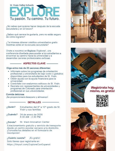 Flyer for St. Vrain Valley Schools' Explore event, offering guidance for students on college and career paths.