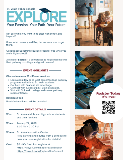 Event flyer for St. Vrain Valley Schools' Explore conference, offering career guidance and college pathway resources.
