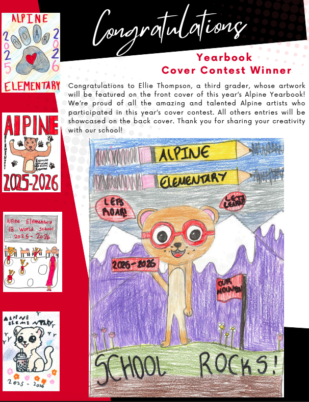 Colorful yearbook cover artwork features a cheerful bear with glasses, surrounded by mountains and school-related elements.