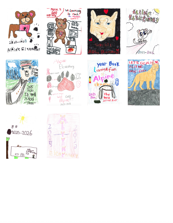 Collage of colorful drawings and covers for the 2025-2026 yearbook from Alpine Elementary School students.