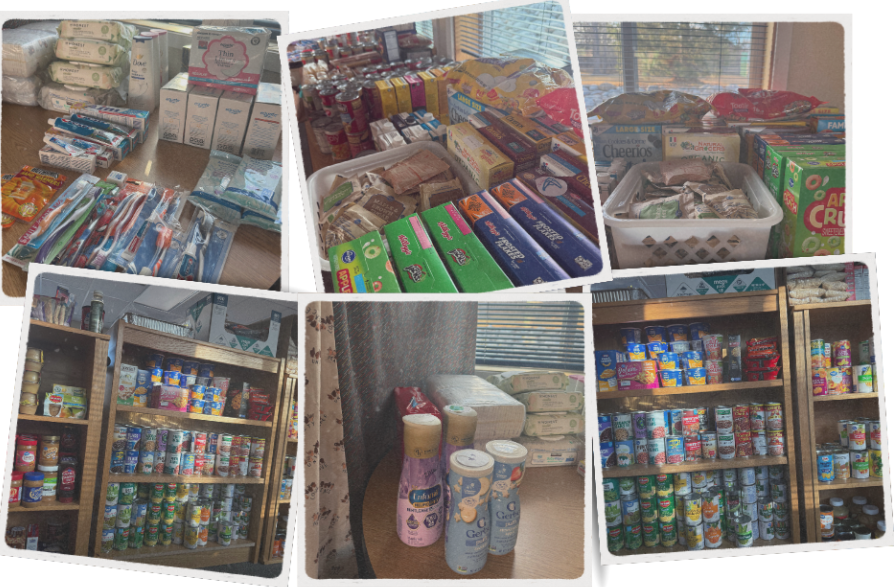 A collection of food and hygiene items organized on shelves and tables, including canned goods, cereals, and toiletries.