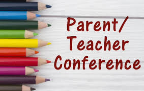 Colorful pencils line the bottom of the image with the text "Parent/Teacher Conference" on a wooden background.