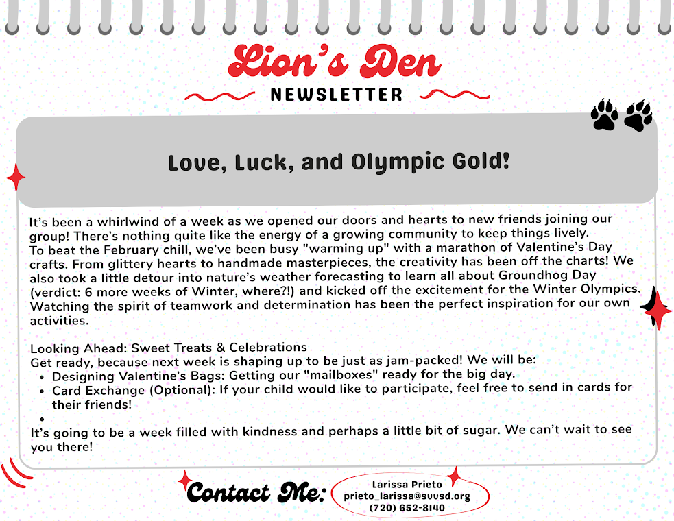 Newsletter titled "Lion's Den" discusses upcoming Valentine's Day activities and Winter Olympics excitement.
