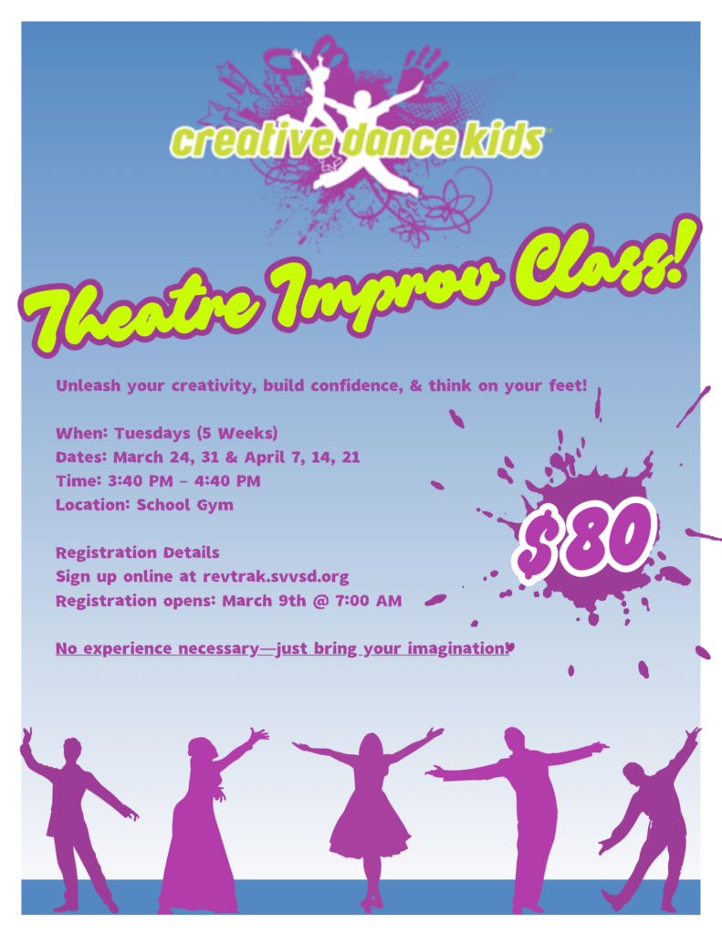 Promotional flyer for a Theatre Improv class for kids, detailing dates, times, and registration information.