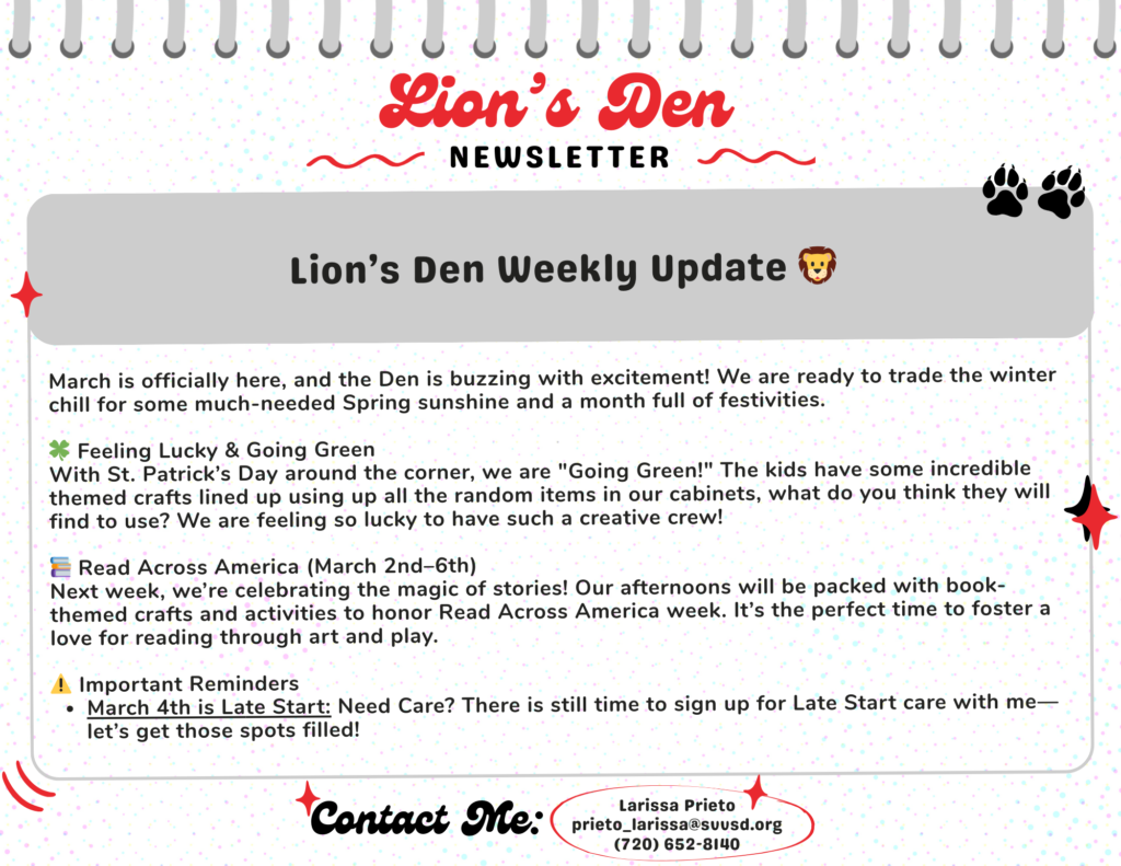 Newsletter update for Lion's Den in March, highlighting St. Patrick's Day activities and Read Across America events.