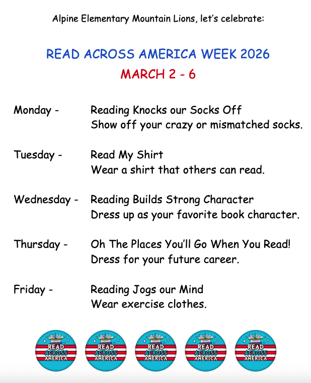 Event schedule for Read Across America Week 2026 at Alpine Elementary, featuring themed dress days from March 2-6.