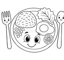 A cartoonish plate with rice, beans, an egg, lettuce, and a slice of lemon, flanked by smiling utensils.