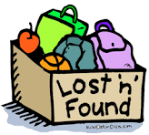 Cartoon illustration of a "Lost 'n' Found" box filled with various items like bags, a basketball, and an apple.