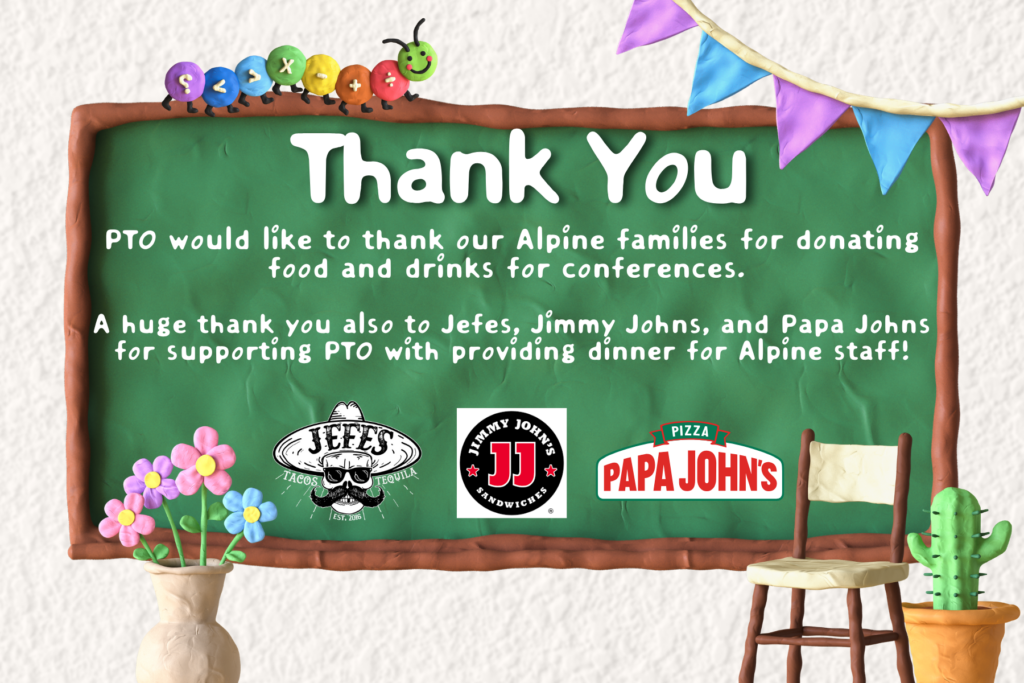 Thank you message from PTO to families and local restaurants for supporting events with food and drinks.