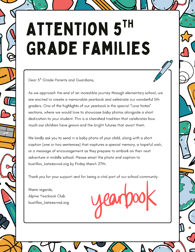 A colorful flyer inviting 5th grade families to submit baby photos for a yearbook project, with contact details included.