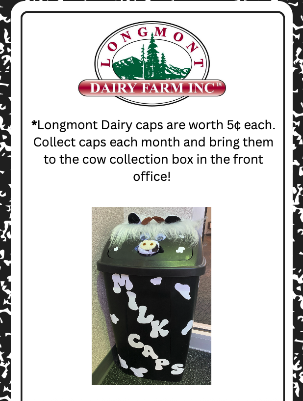 Collection box for milk caps decorated like a cow, with text about earning 5 cents per cap at Longmont Dairy Farm.