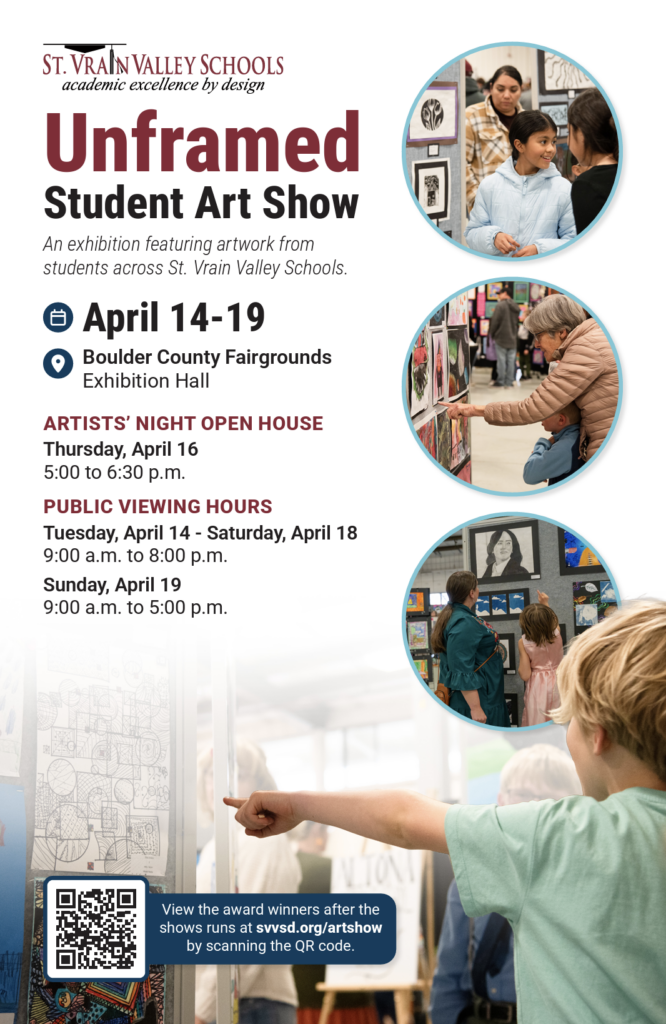 Poster for "Unframed Student Art Show" at Boulder County Fairgrounds, featuring event details and student artwork displays.