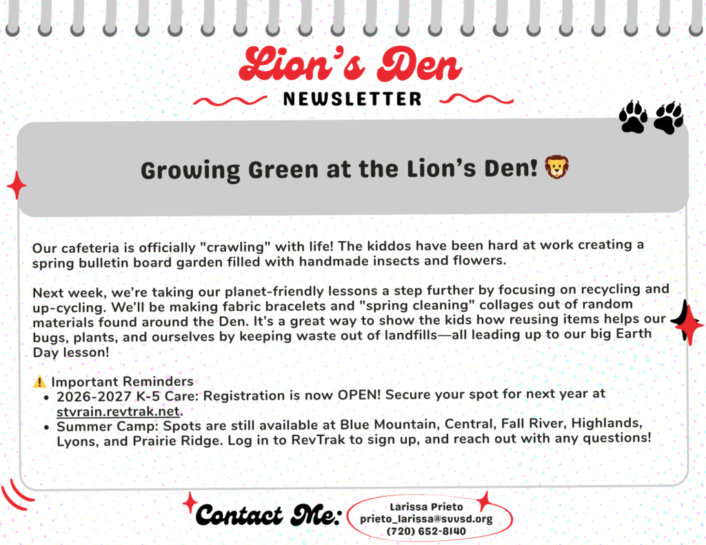 El boletín de Lion's Den destaca diversas actividades ecológicas, como un jardín en el tablón de anuncios y los próximos proyectos de reciclaje.