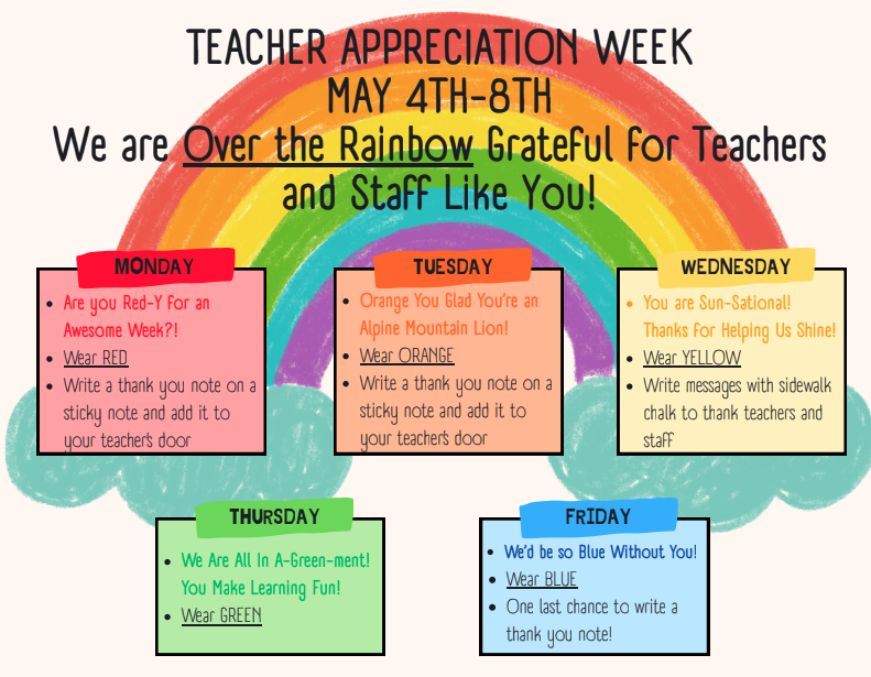 Colorful poster for Teacher Appreciation Week with daily themes, encouraging notes and specific colors to wear each day.