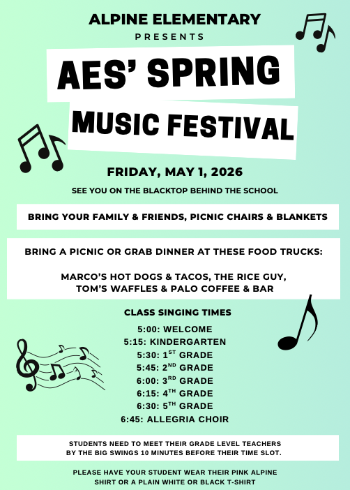 Cartel del Festival de Música de Primavera Alpine Elementary, que se celebrará el 1 de mayo de 2026, con los detalles del evento y las opciones de food trucks.