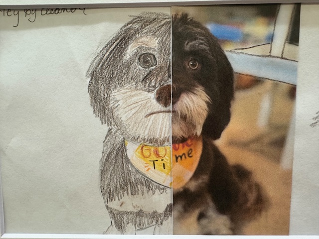 A split image featuring a hand-drawn dog on the left and a photo of the same dog on the right, both wearing a bandana.