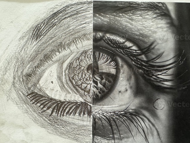 A split image showing a detailed pencil drawing of an eye on the left and a photograph of an eye on the right.