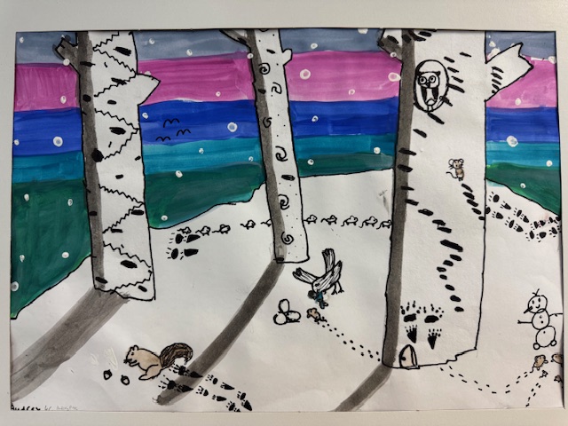 A snowy scene with birch trees, an owl, animals, and a snowman under a colorful sky with stars.