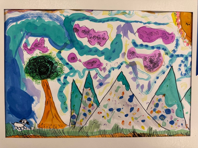 A colorful landscape featuring green trees, blue mountains, and a playful dog in a vibrant, abstract sky.