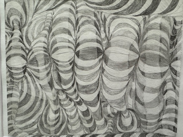 Abstract black and white drawing featuring swirling, striped patterns creating a sense of depth and movement.