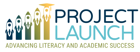Logo for Project Launch, featuring rockets and text promoting literacy and academic success.