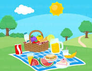 Una escena de picnic con una cesta, bebidas, bocadillos, fruta y un cielo soleado, ambientada en una zona de césped con árboles.