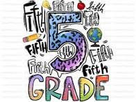 Diseño colorido en el que aparecen el número 5 y las palabras «Quinto curso», junto con varios garabatos relacionados con el colegio.