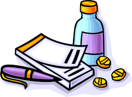 A prescription pad, a pen, a bottle of medicine, and yellow pills are arranged together.