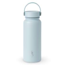 Light blue stainless steel water bottle with a screw-on lid and a handle for easy carrying.